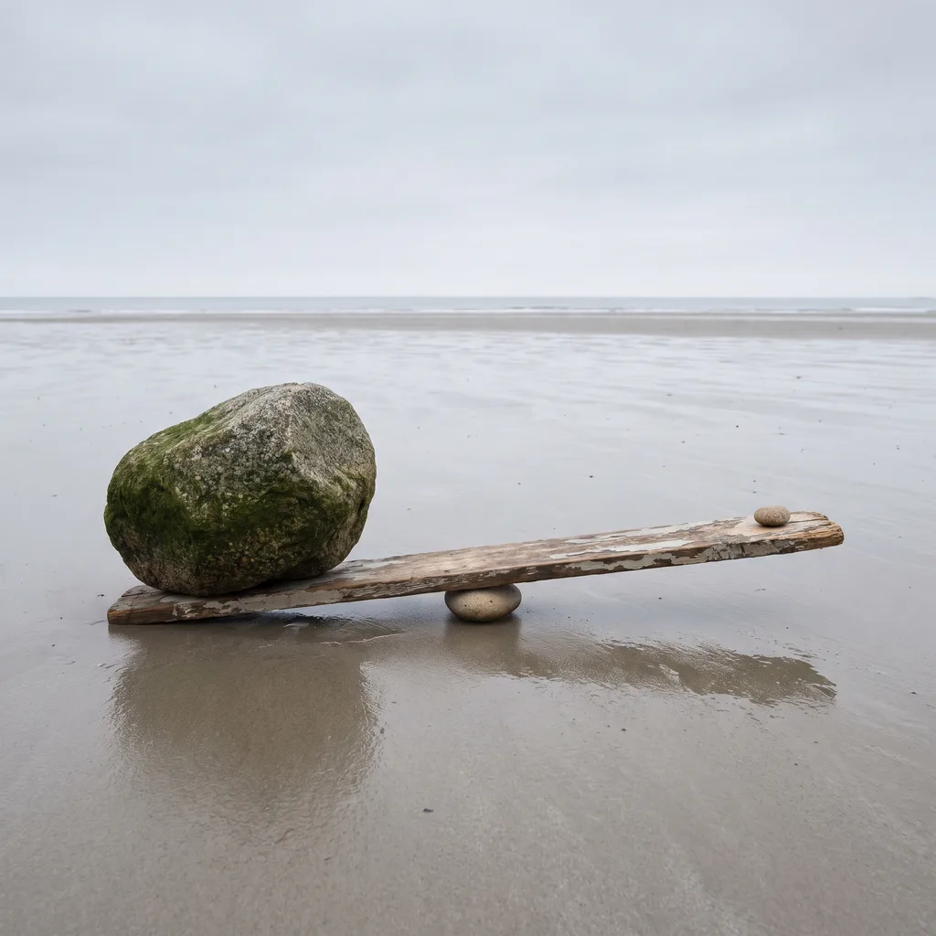 A wooden plank balanced like a seesaw on a tiny pebble, a huge boulder on one end held in equilibrium by a single pebble on the other.