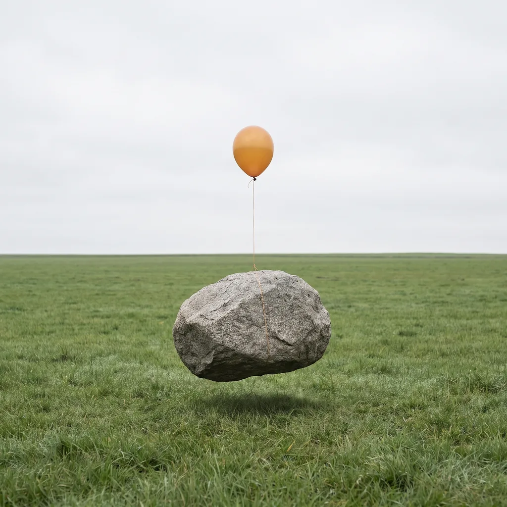 A small amber balloon on a taut string lifting a massive boulder so it hovers just above a calm green meadow.