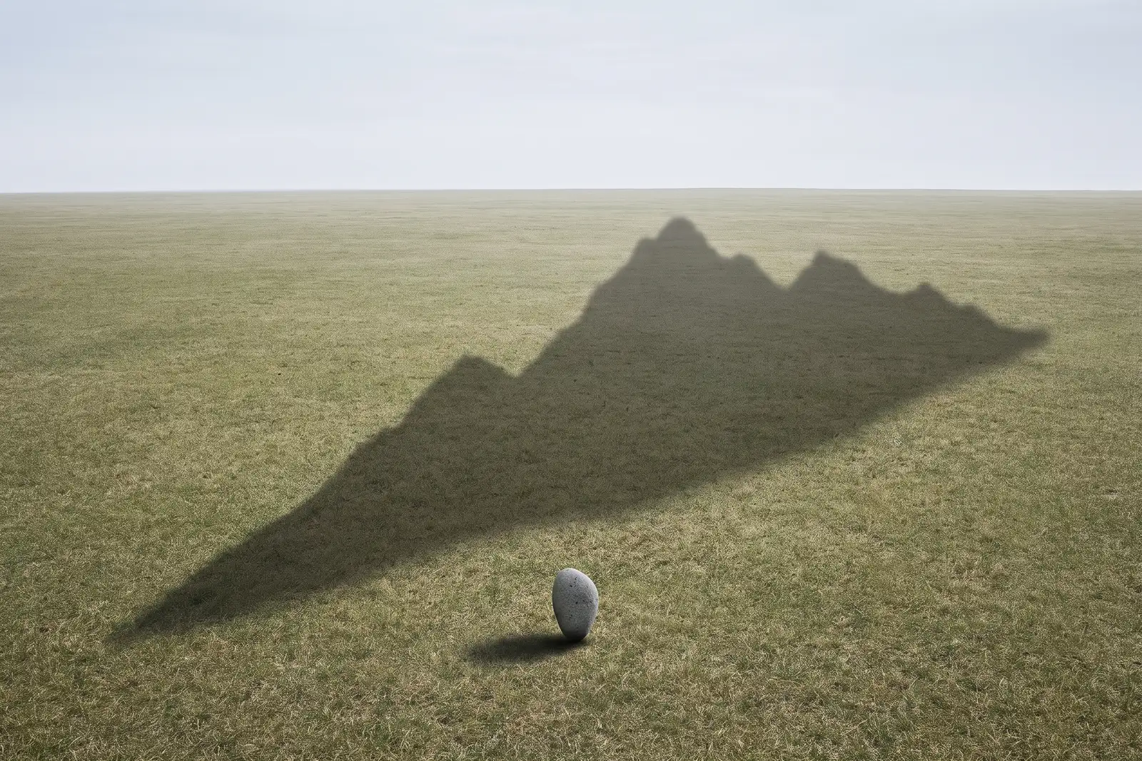 A tiny pebble standing on a vast plain, casting an enormous soft shadow shaped like a mountain range.